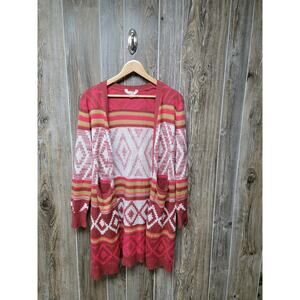 No Boundaries Cardigan Sweater Size 11-13 Aztec Southwest Red Orange Long Line